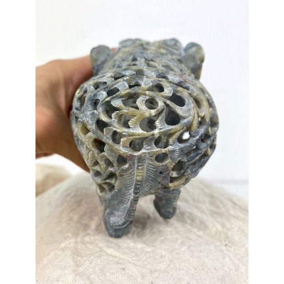 Indian Hand Carved Soapstone Elephant Undercut Double Layered Home Decor - Picture 6 of 11